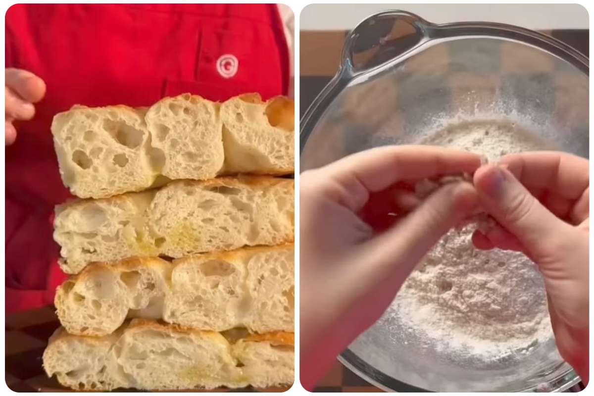 preparazione focaccia, con farina e lievito
