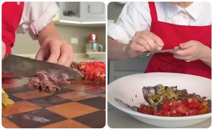 alice tagliate e piatto con alici, pomodori, olive