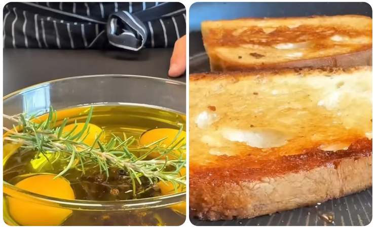 preparazione crostone alla carbonara con uova in olio e pane 