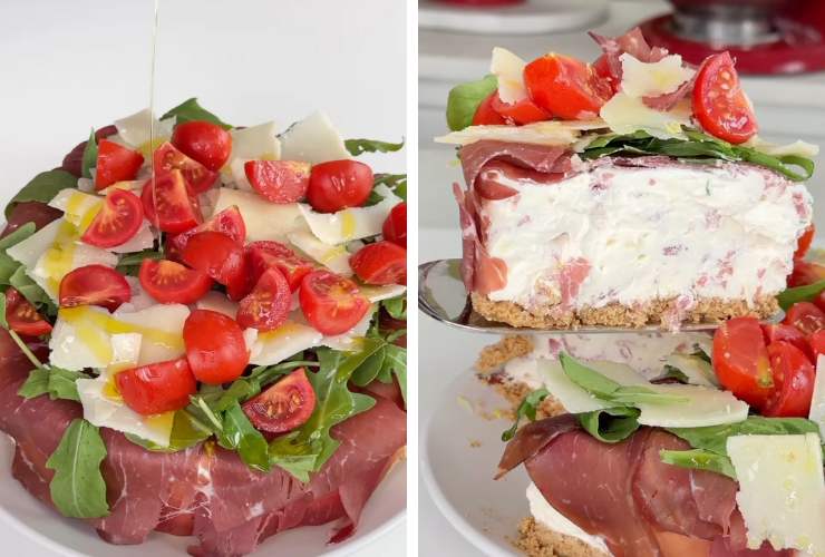collage cheesecake salata con bresaola e pomodorini