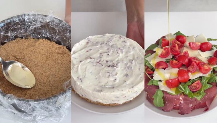 Preparazione della cheesecake salata con bresaola e pomodorini