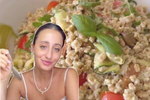 collage ragazza e insalata di fatto